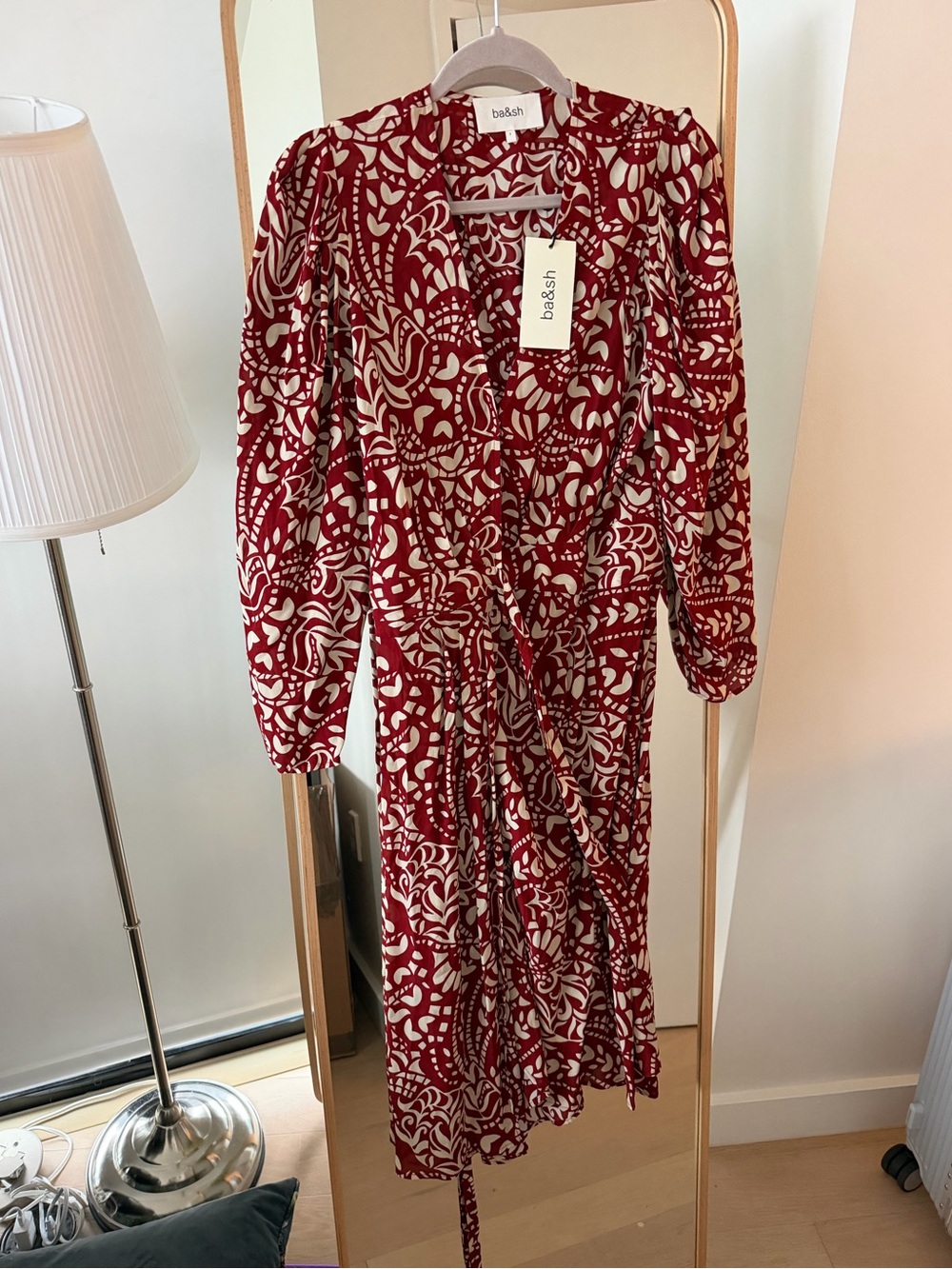 ba&sh Red and Cream Floral-Print Wrap Dress